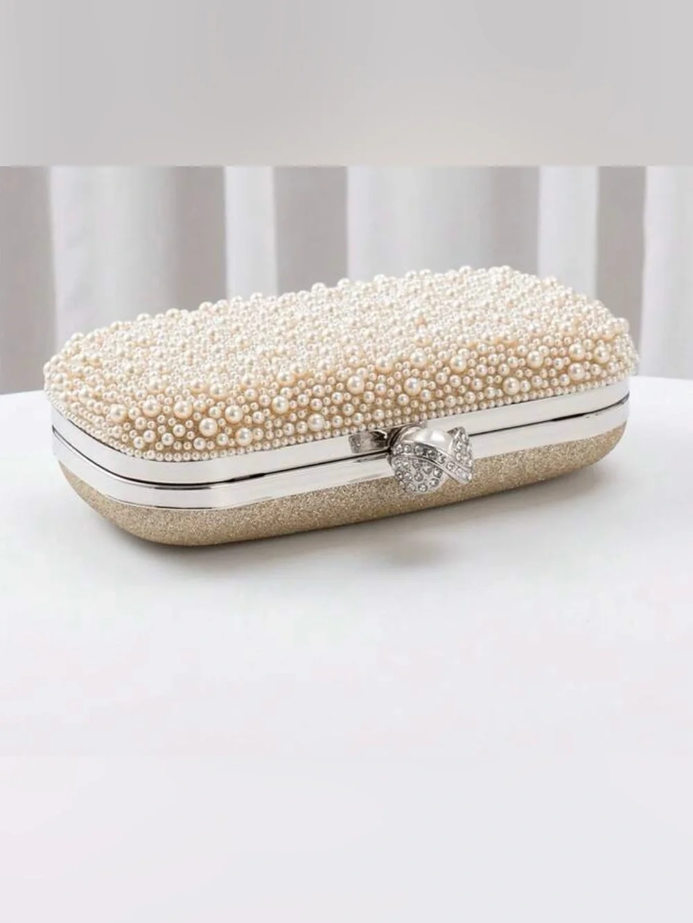 Pearl & Crystal Embellished Clutch - Apricot